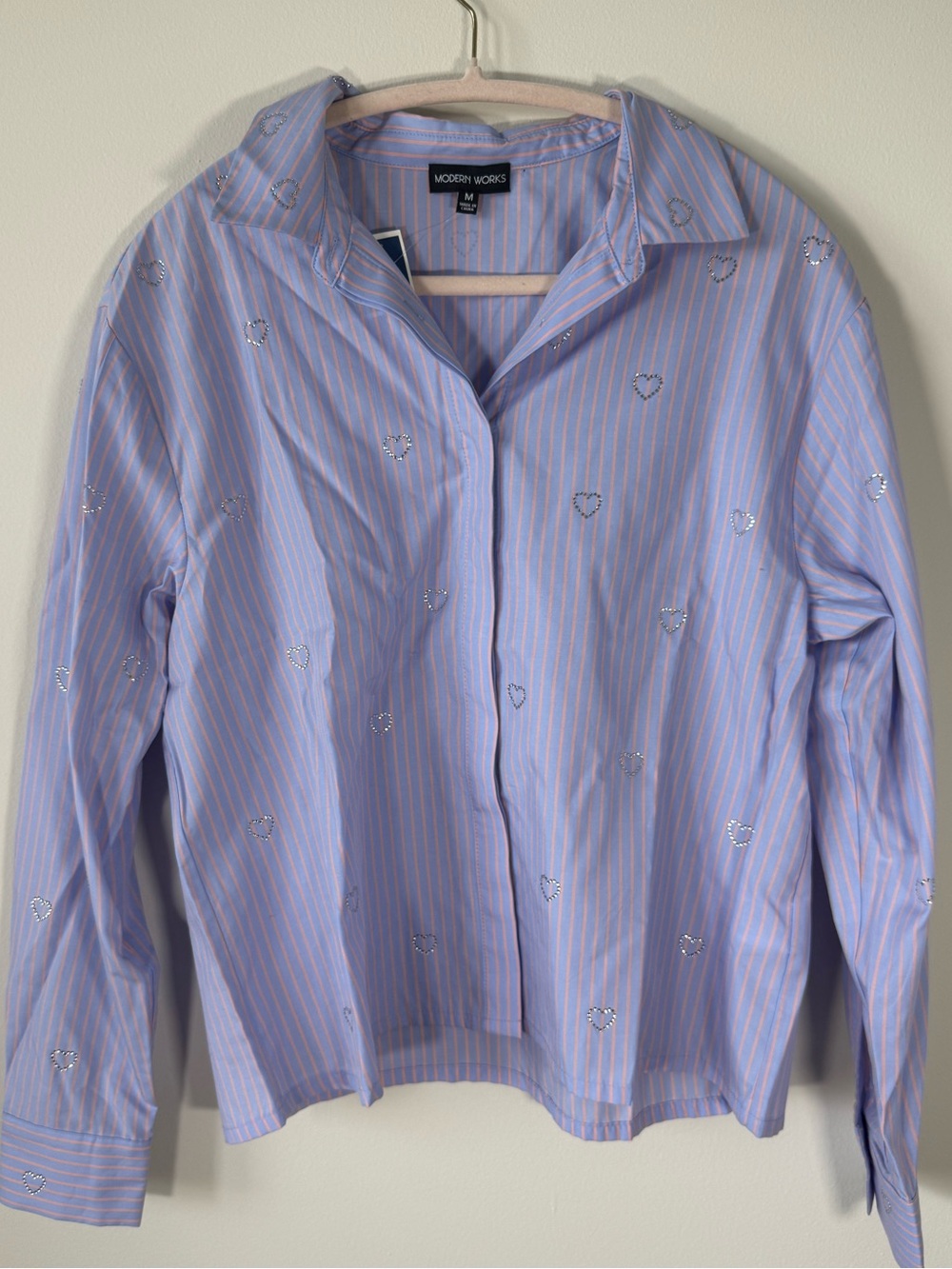 Periwinkle pink strip button down shirt with rhinestones